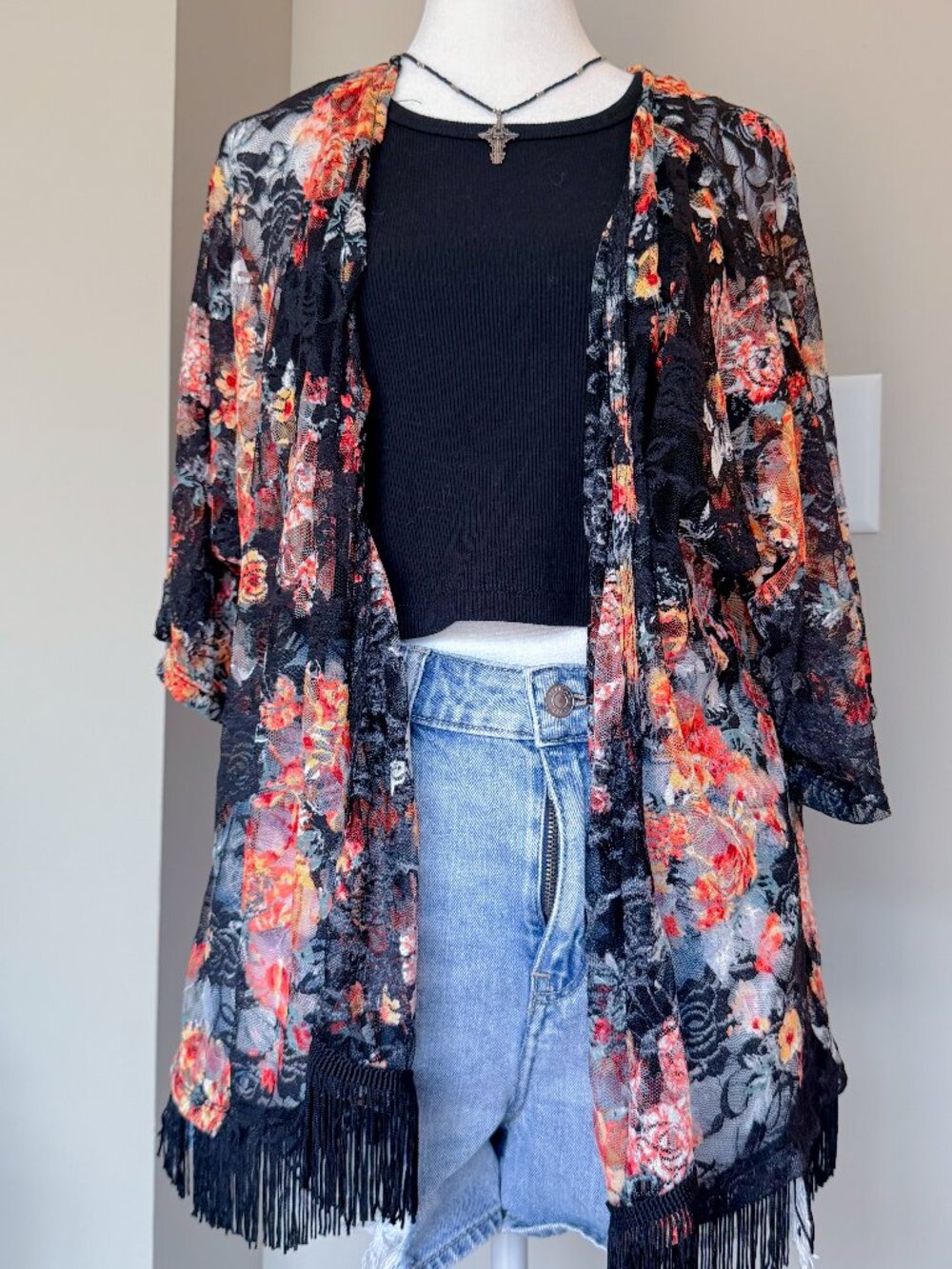 Almost Famous Black Floral Lace Kimono Cardigan w/ Fringe Trim